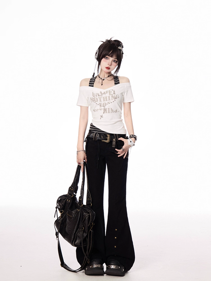 Y2K Cross Necklace Print White and Gray Striped Halter Neck T-shirt