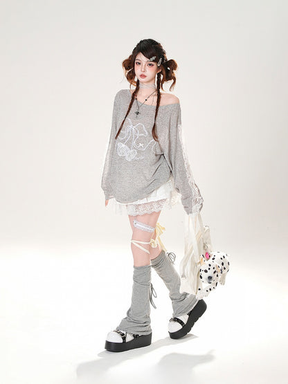Cherry Embroidery Lace Patches Sleeves Gray Round Neck Coverup