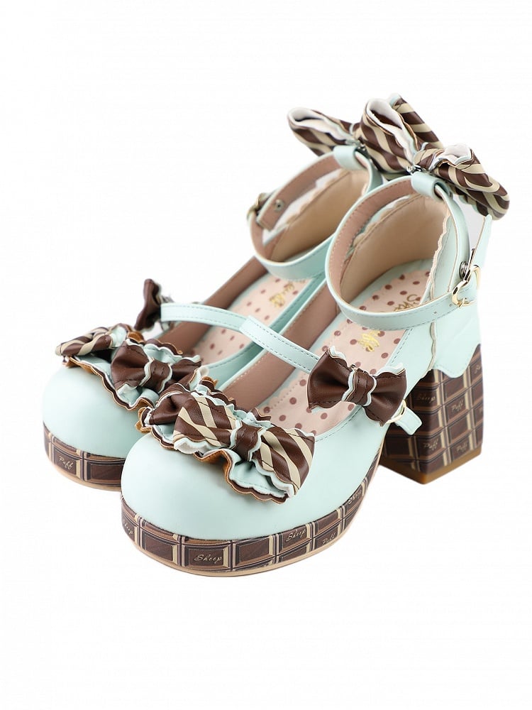Green&Brown Striped Bowknot Details Heart Buckle Chocolate Platform High Block Heels Mary Janes