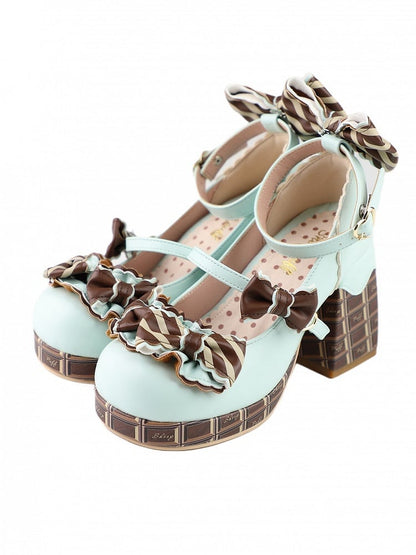 Green&Brown Striped Bowknot Details Heart Buckle Chocolate Platform High Block Heels Mary Janes