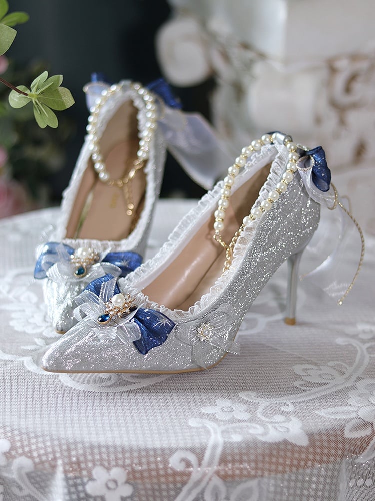 Silver Glittering Bow at Top Detachable Beaded Chain 6CM/8CM Hime Lolita Heels