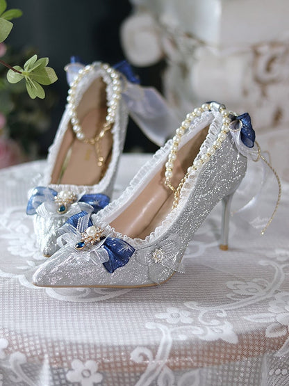 Silver Glittering Bow at Top Detachable Beaded Chain 6CM/8CM Hime Lolita Heels