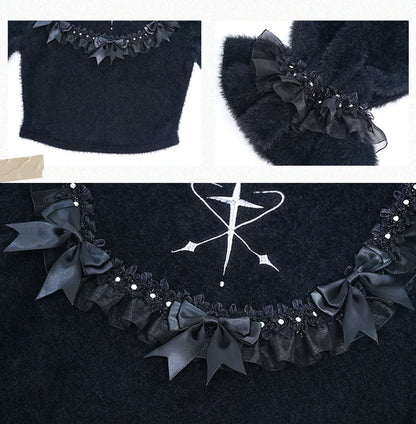 Bowknot Details Black Ruffle Neckline Cropped Sweater