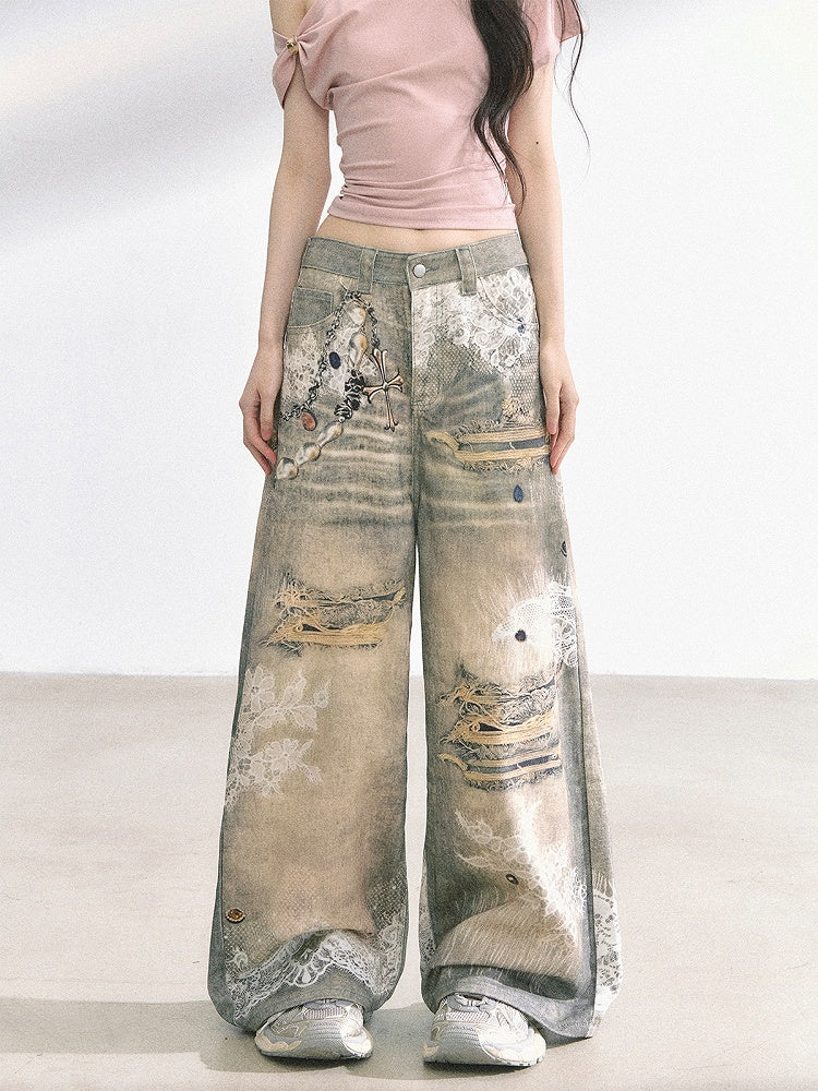 Lace and Distressed Holes Print Blue Faded Wash Distressed Wide-leg Jeans