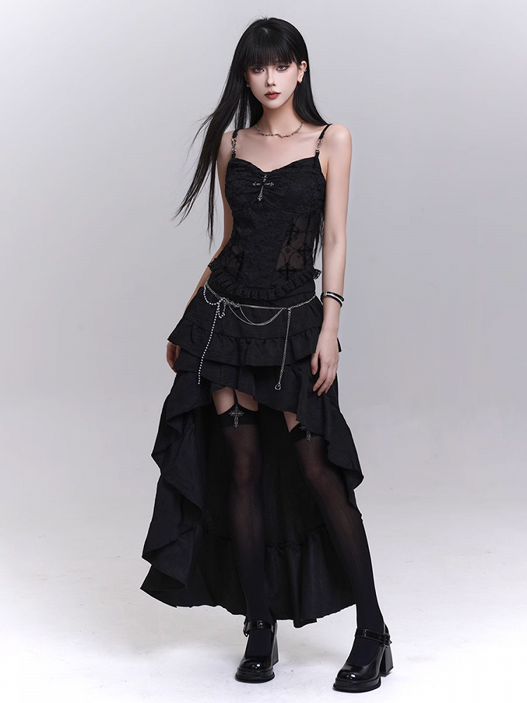 Black Cascading Flounce Trim High-low Skirt