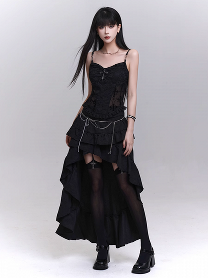 Black Cascading Flounce Trim High-low Skirt