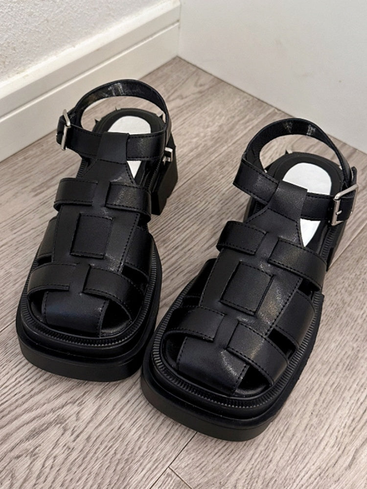 Black Cage Design Slingback Platform Sandals