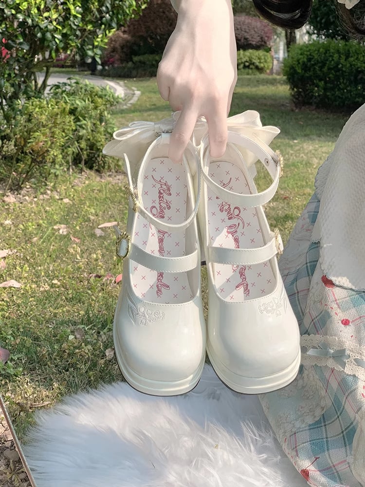 Polished White Detachable Bowknot Lily of the Valley Embroidery Middle Heels Mary Janes