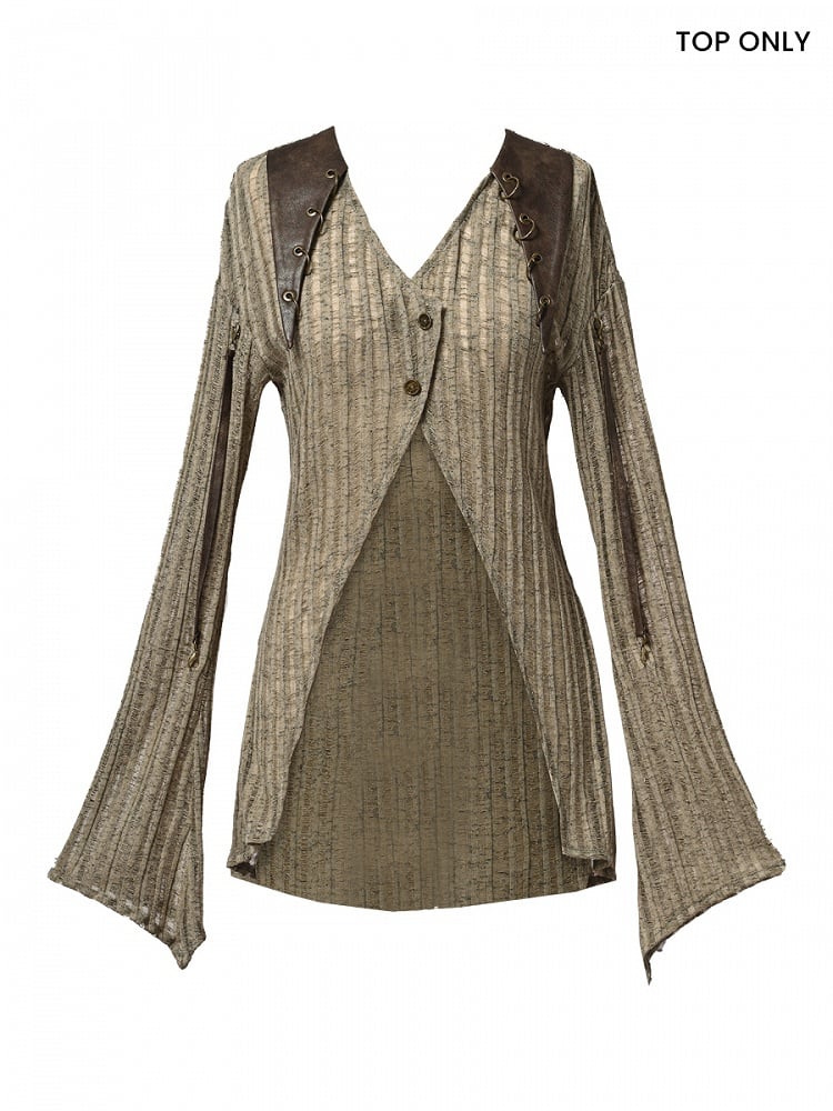 Light Coffee V-neck Wasteland Punk Slim Fit Knit Top