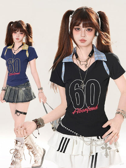 Plaid Polo Collar Number Print Black/Navy Blue Slim-fitting T-shirt