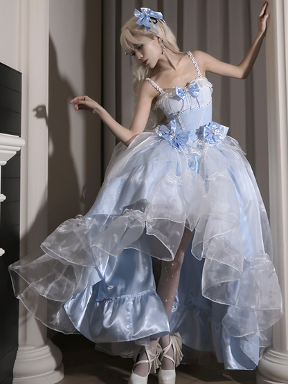 Plus Sizes Available Blue Princess Lolita Boned Waist Top + High-low Cascading Flounce Skirt