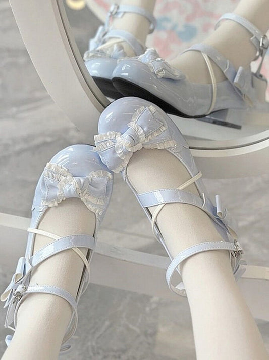 Blue Bow at Top 3cm Heel Sweet Round Toe Mary Janes