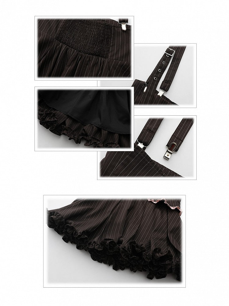 Plus Size Black Striped Ruffled Trim Set: Overall Skirt with Adjustable Straps & Elastic Waist Bloomers
