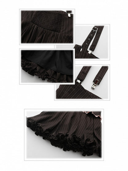 Plus Size Black Striped Ruffled Trim Set: Overall Skirt with Adjustable Straps & Elastic Waist Bloomers