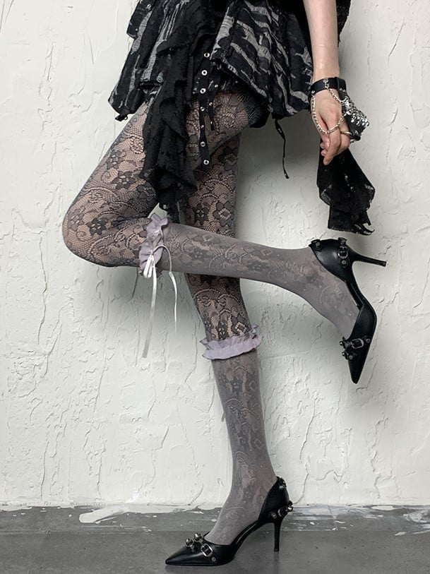 Gray Y2K Floral Pattern Hollow-out Design Tights