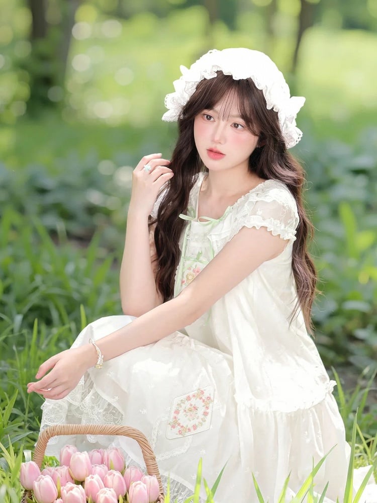 White Floral Embroidery Lace Trim Mori Kei Dress
