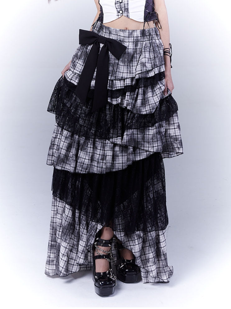 Black Punk Asymmetrical Tiered Plaid Skirt Regular/Long Version