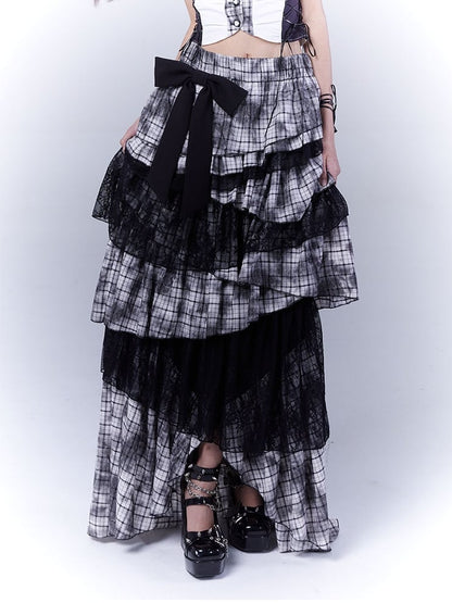 Black Punk Asymmetrical Tiered Plaid Skirt Regular/Long Version