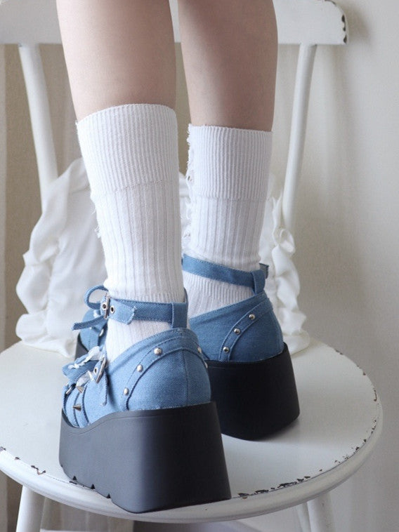 Spike Studs Bow Accents Blue Cross Gothic Platforms Punk Shoes