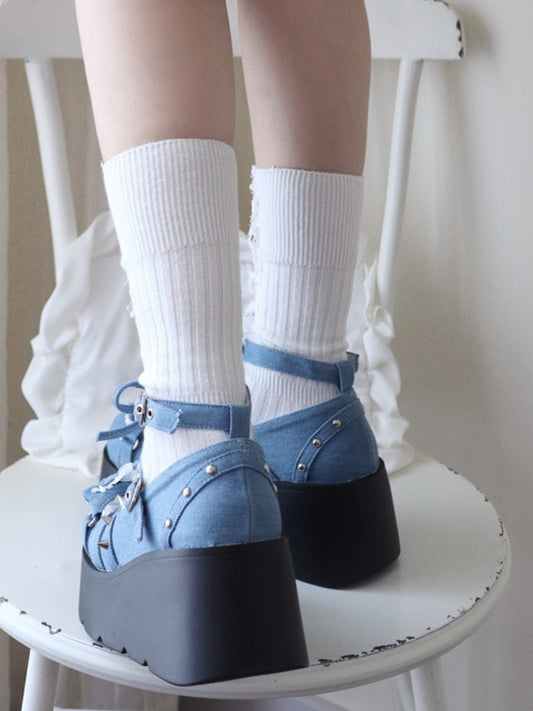 Spike Studs Bow Accents Blue Cross Gothic Platforms Punk Shoes