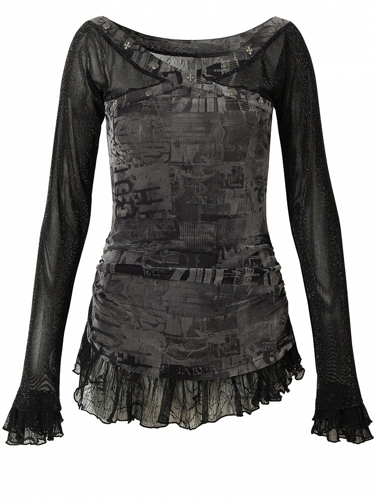 Black&Gray/Beige Wasteland Punk Star And Studs Decorated Lace Trim T-shirt