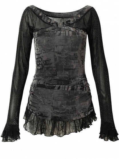 Black&Gray/Beige Wasteland Punk Star And Studs Decorated Lace Trim T-shirt