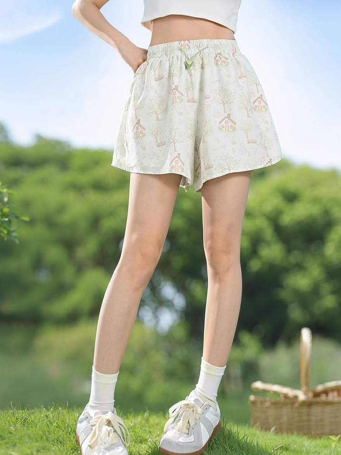 Adorable Bunny Print Green Drawstring Waist Wide-leg Shorts