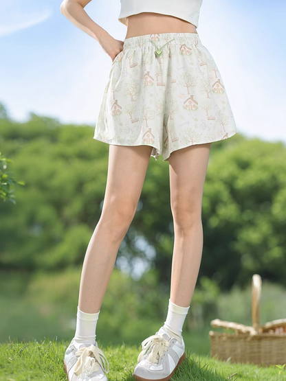 Adorable Bunny Print Green Drawstring Waist Wide-leg Shorts