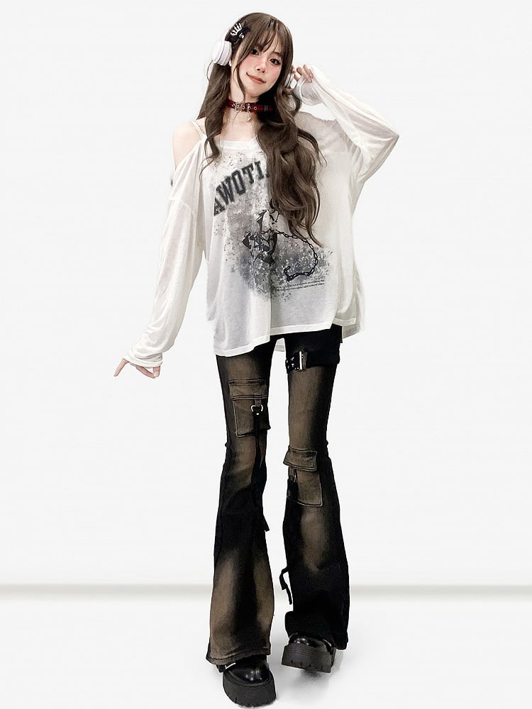 White Asymmetrical Neckline Print Design Long Sleeves Top