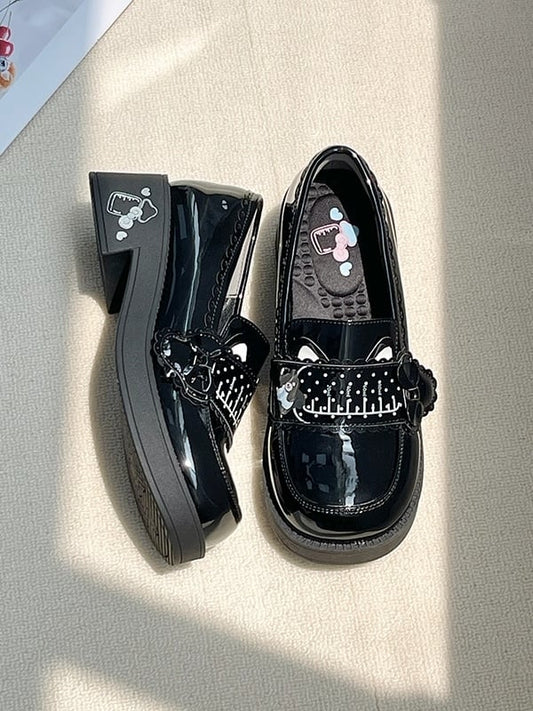 Milk Bottle Print & Kitty Ear Decor PU Black Mid-heel Slip-Ons in Preppy Style