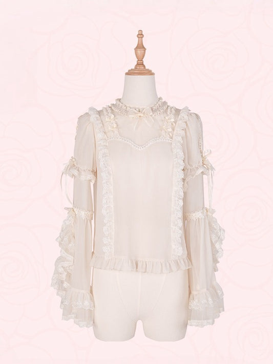 Beige Short Sleeves Blouse with Detachable Bell Sleeves