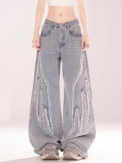 Light Blue Low Rise Wings Embroidery Applique Vintage Wide-leg Jeans
