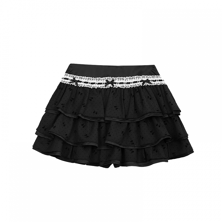 Black Three-Tiered Lace Trim Mini Skirt