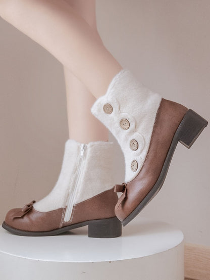 Brown & White Elegant Lolita 4cm/6cm Mid-heel Winter Boots - Plush Lining with Button Accents, Bow Details & Inner Zipper