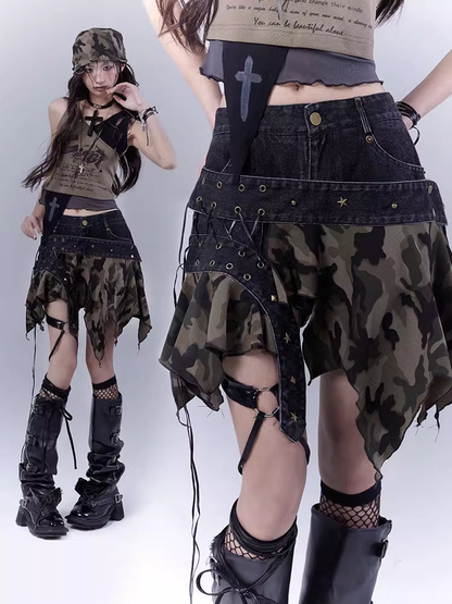 Camo Handkerchief Hem Low Waist Lace-up Detail Distressed Denim Skort