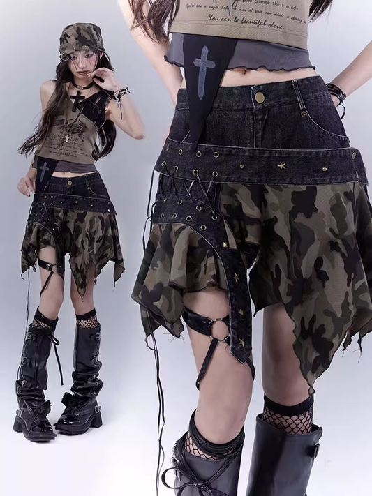 Camo Handkerchief Hem Low Waist Lace-up Detail Distressed Denim Skort