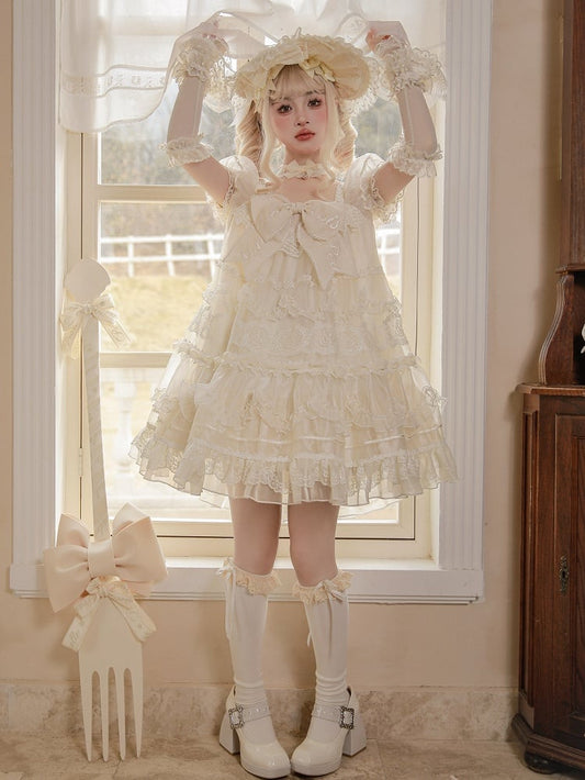 Embroidered Big Bow Neckline Creamy White Short Puff Sleeves Lolita Dress