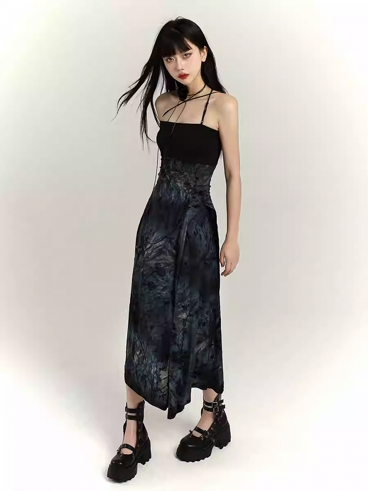 Black Tie-Dye Slim-fitting Cami Dress
