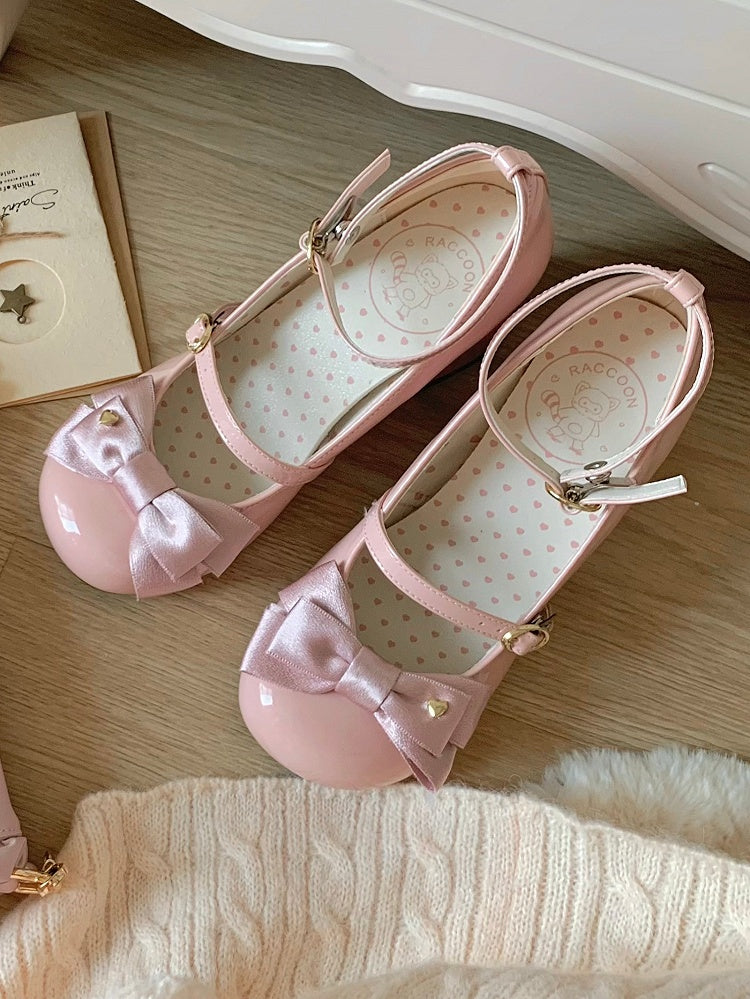 PU Pink Elegant Lolita Mary Janes - High Block Heel & Heart-Adorned Bow