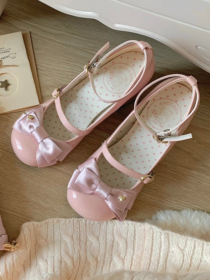 PU Pink Elegant Lolita Mary Janes - High Block Heel & Heart-Adorned Bow