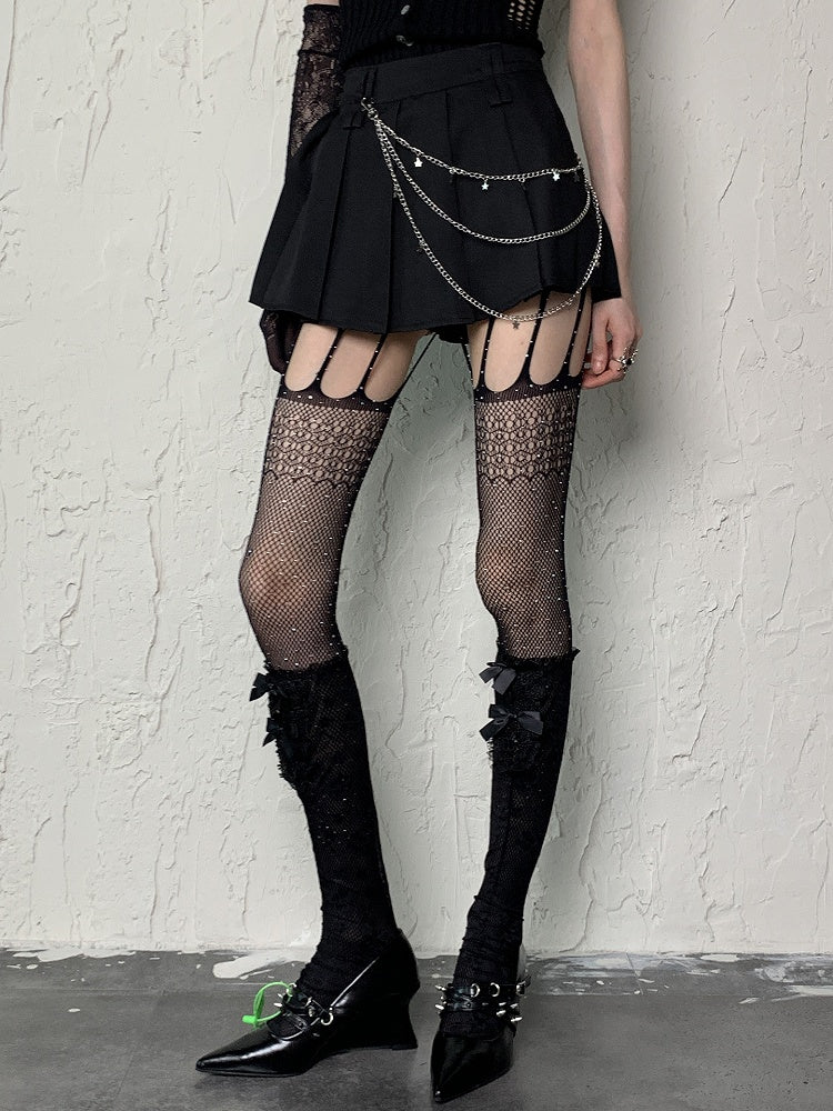 Black Y2K Rhinestone Fishnet Suspender Tights