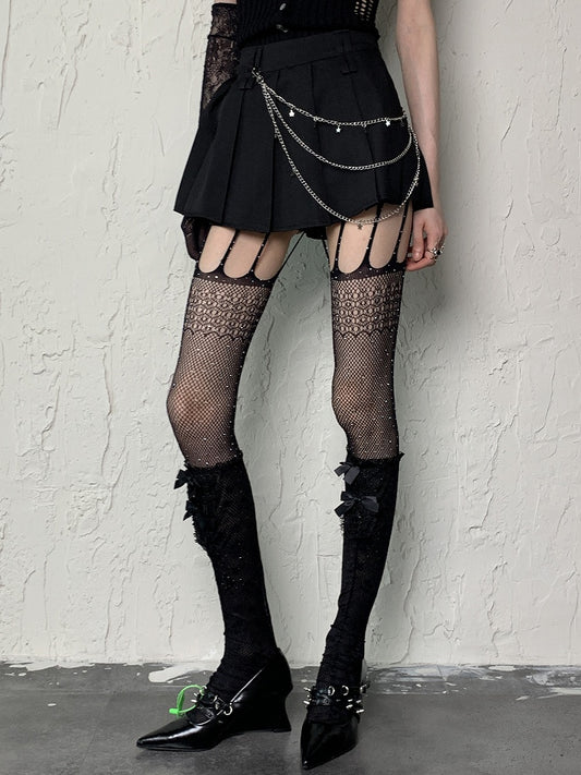Black Y2K Rhinestone Fishnet Suspender Tights