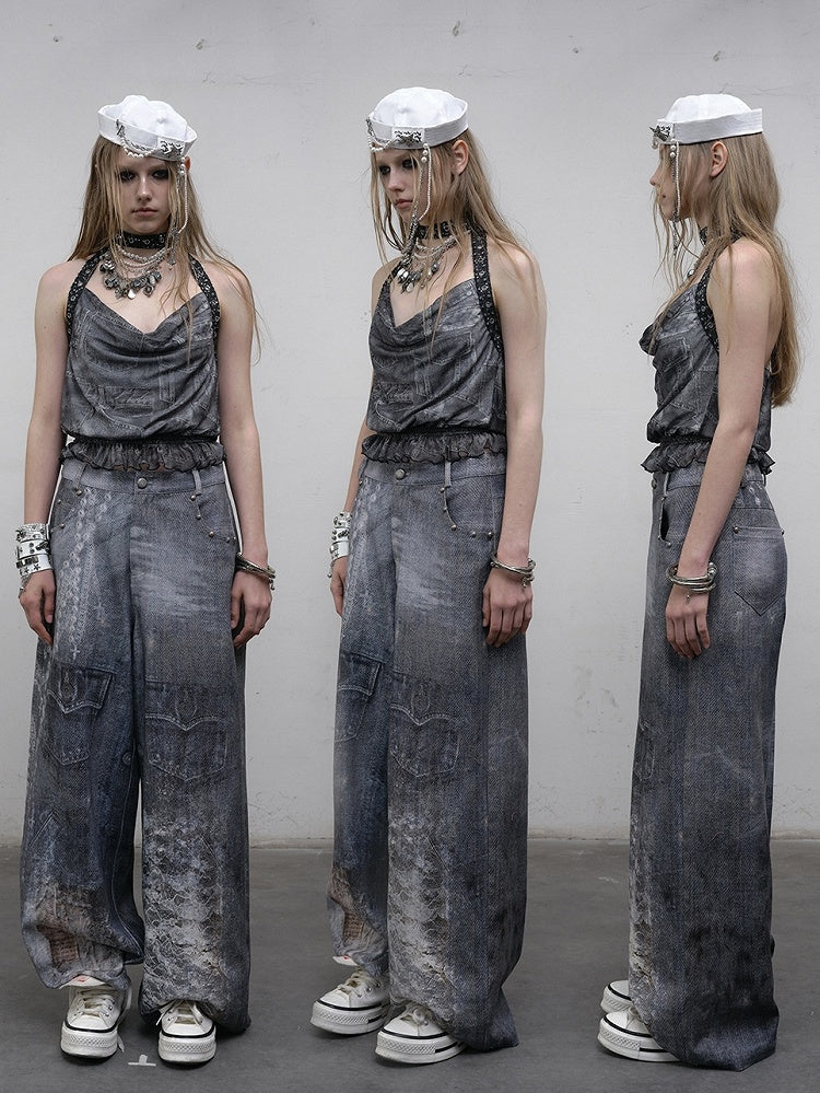 Blue Wasteland Punk Glamorous Cowl Neckline Ruffles Trim Halter Neck Top