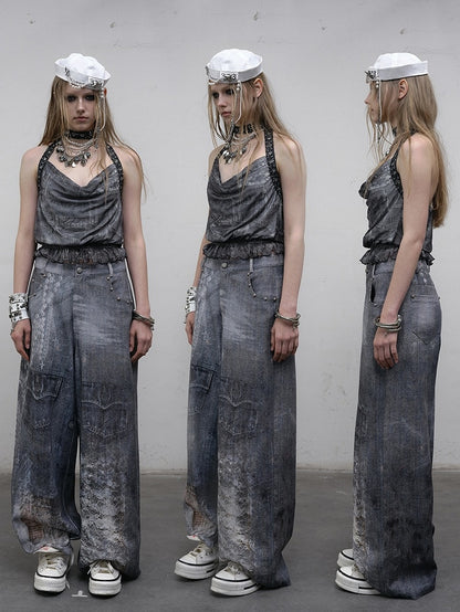 Blue Wasteland Punk Glamorous Cowl Neckline Ruffles Trim Halter Neck Top