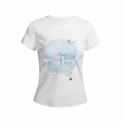 Seashell and Pearl Print White Round Neck Slim-fitting T-shirt