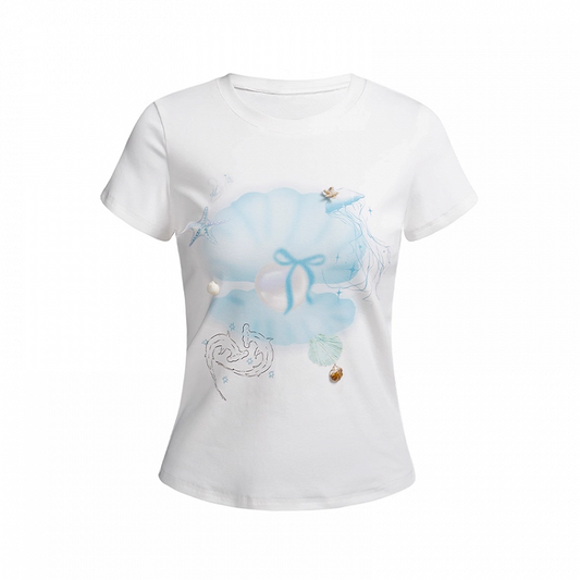 Seashell and Pearl Print White Round Neck Slim-fitting T-shirt