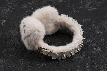 White Handmade Studs and Pins Ruffle Hem Heart Plush Earmuffs