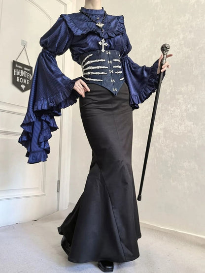 Hand bone Embroidery Dark Blue Gothic Lolita Snakeskin-grain Leather Corset Belt