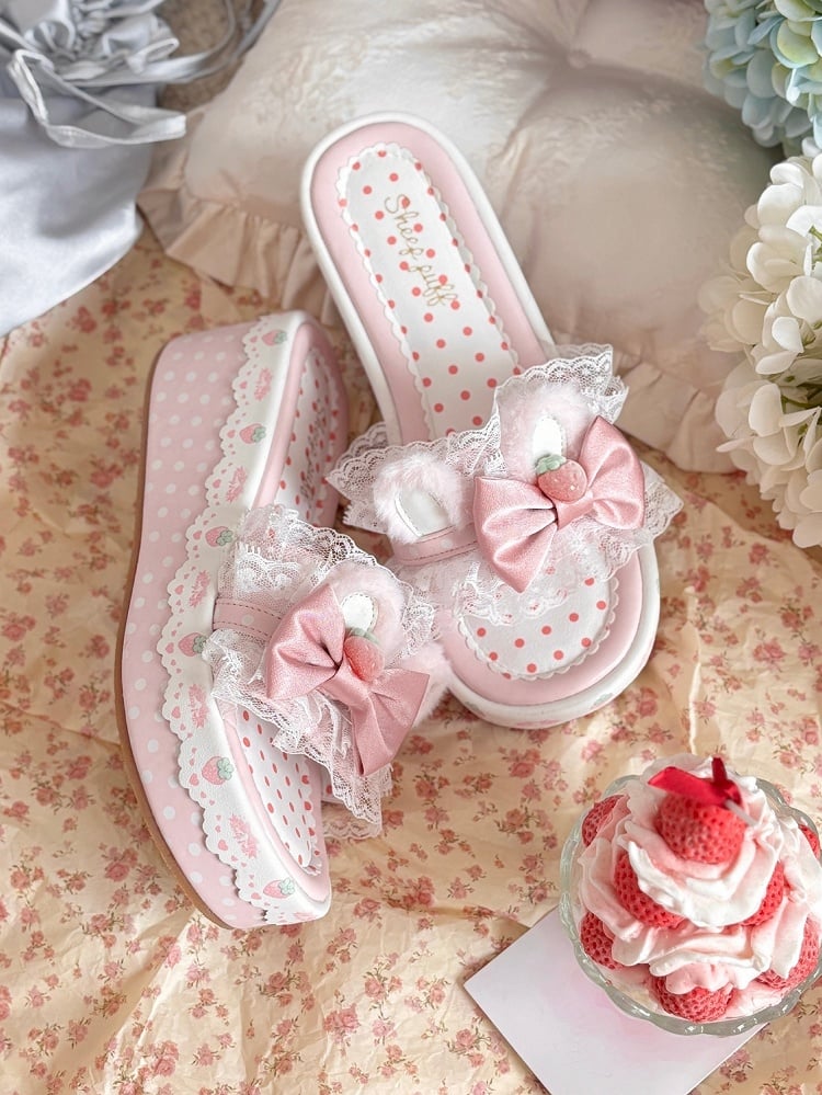 Pink Sweet Lolita Bow Accents Lace Trim Plush Bunny Ear Platform Slippers
