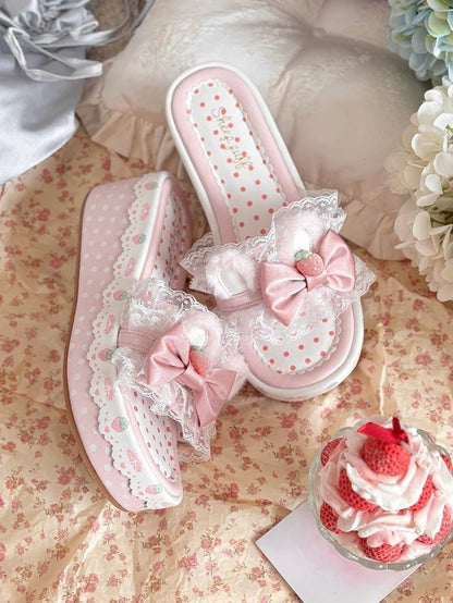 Pink Sweet Lolita Bow Accents Lace Trim Plush Bunny Ear Platform Slippers